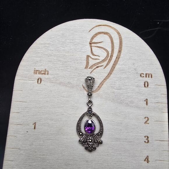 Sterling Silver Amethyst Macasite Earrings Dangle Drop Vintage - Picture 3 of 8